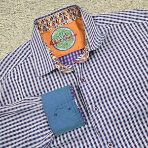 Robert Graham Mens Plaid Button Up‎ Shirt Size XL Flip Cuff Ribbon Trim Designer